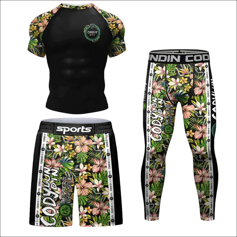 New Men Compression Full Printing Boxing T Shirt + Shorts MMA BJJ Shirt Anti Abrasion T shirts NO GI Rash Guards Muay
