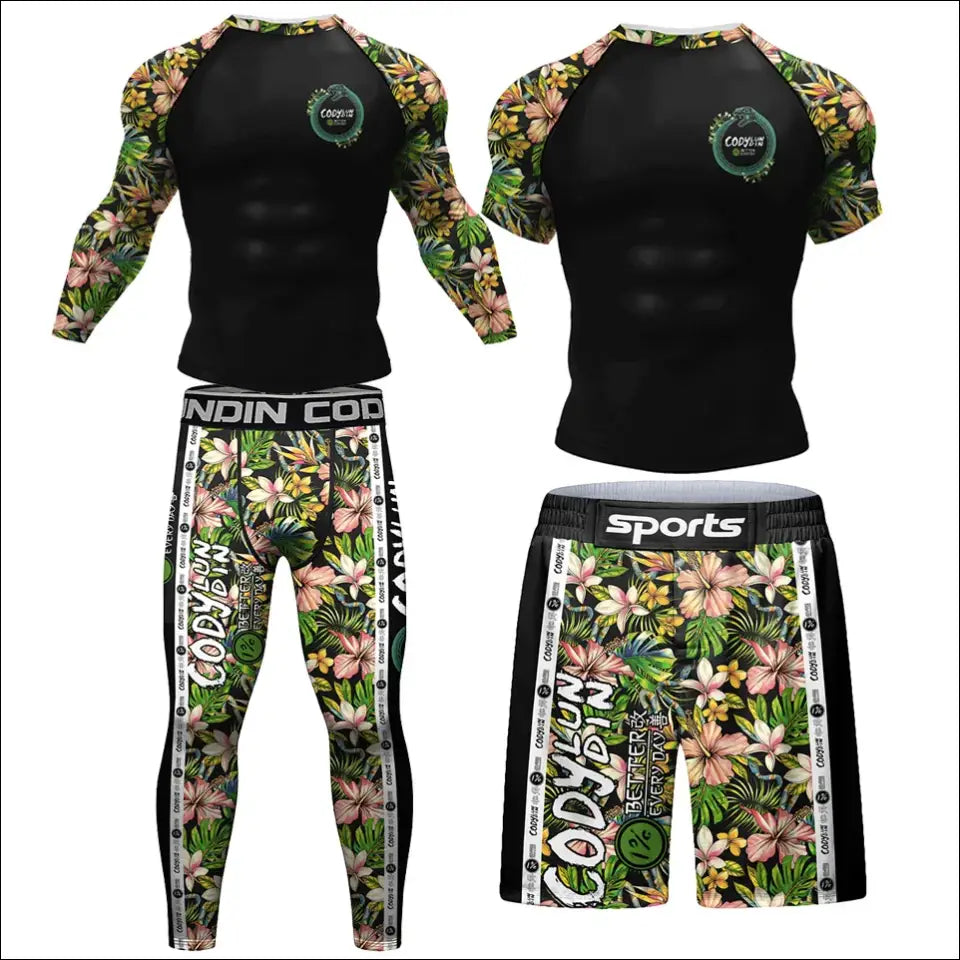 New Men Compression Full Printing Boxing T Shirt + Shorts MMA BJJ Shirt Anti Abrasion T shirts NO GI Rash Guards Muay