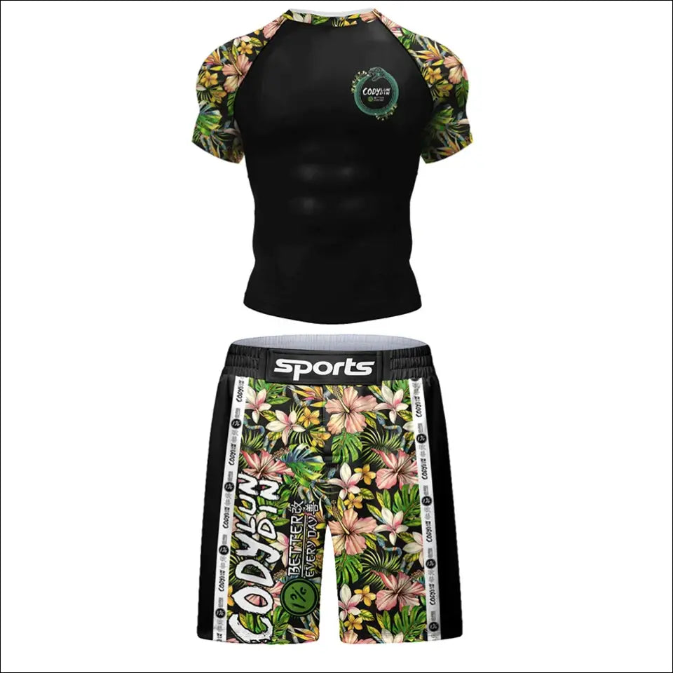 New Men Compression Full Printing Boxing T Shirt + Shorts MMA BJJ Shirt Anti Abrasion T shirts NO GI Rash Guards Muay