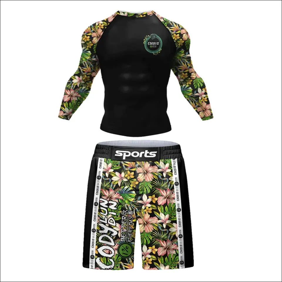 New Men Compression Full Printing Boxing T Shirt + Shorts MMA BJJ Shirt Anti Abrasion T shirts NO GI Rash Guards Muay