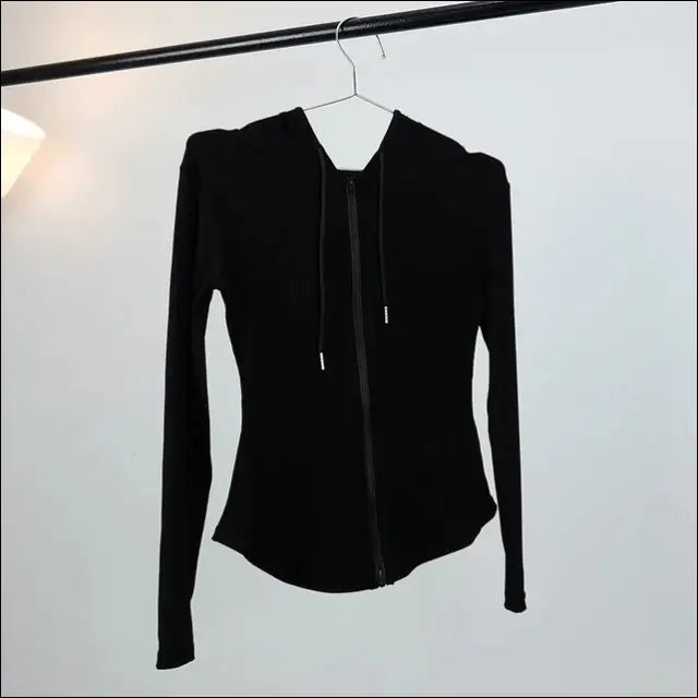 Women’s Hooded Sports Zip-Up Fitness Wear | Quick-Dry Elastic Yoga Suit - L / black