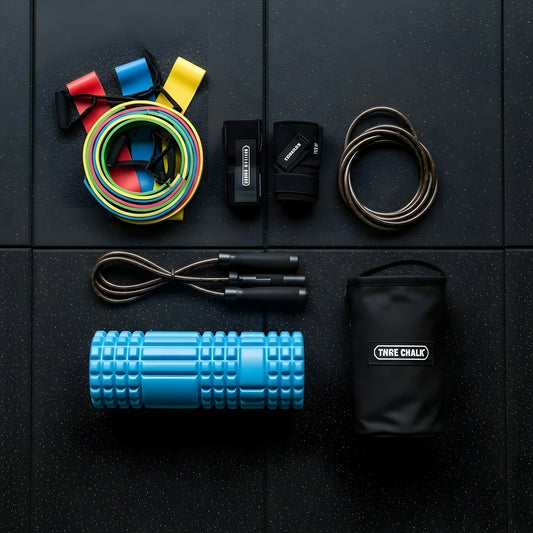 Fitness gear, including bands, wraps, and a foam roller.