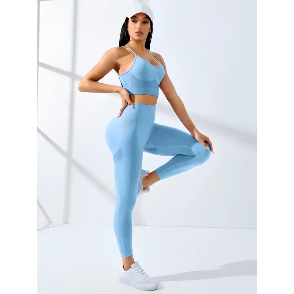 2-Piece Seamless Yoga Set – Thin-Strap Sports Bra and High-Waisted Leggings - SKY BLUE / XS