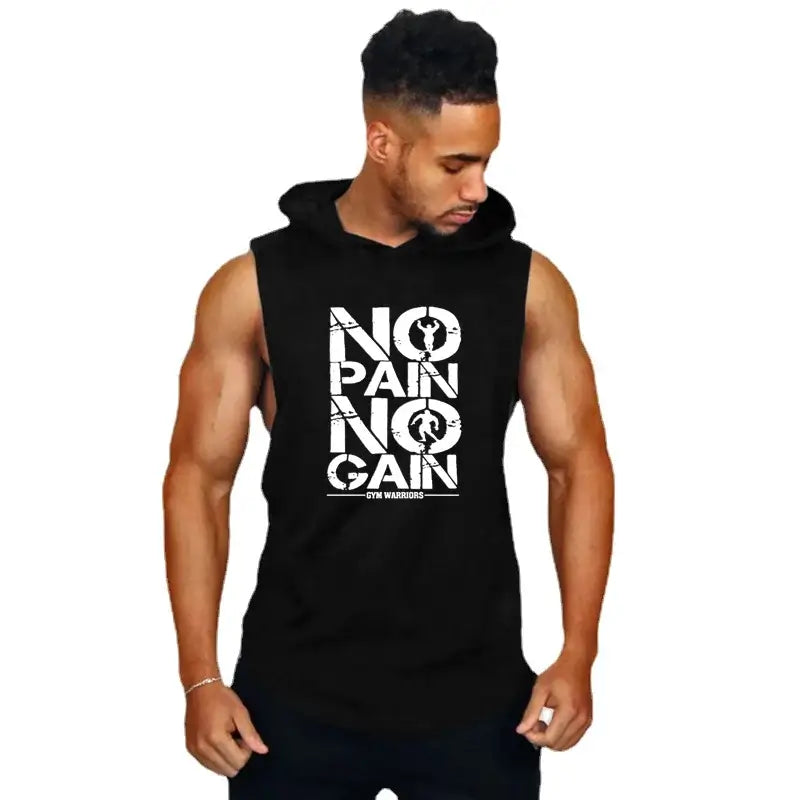 Muscular man wearing a sleeveless hooded gym shirt with 'NO PAIN NO GAIN' print, showcasing athletic style and workout motivation.