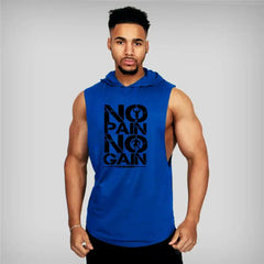 Muscular man wearing a sleeveless hooded gym shirt with 'NO PAIN NO GAIN' print, showcasing athletic style and workout motivation.