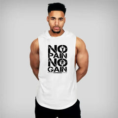 Muscular man wearing a sleeveless hooded gym shirt with 'NO PAIN NO GAIN' print, showcasing athletic style and workout motivation.
