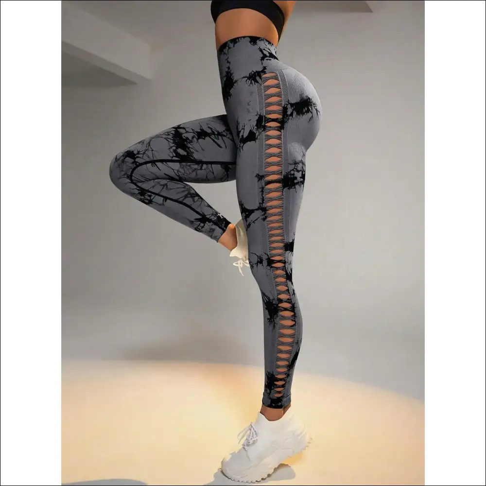 Tie Dye Seamless Leggings for Women High Waist Yoga Pants Scrunch Butt Lifting Elastic Tights Side mesh design - dark