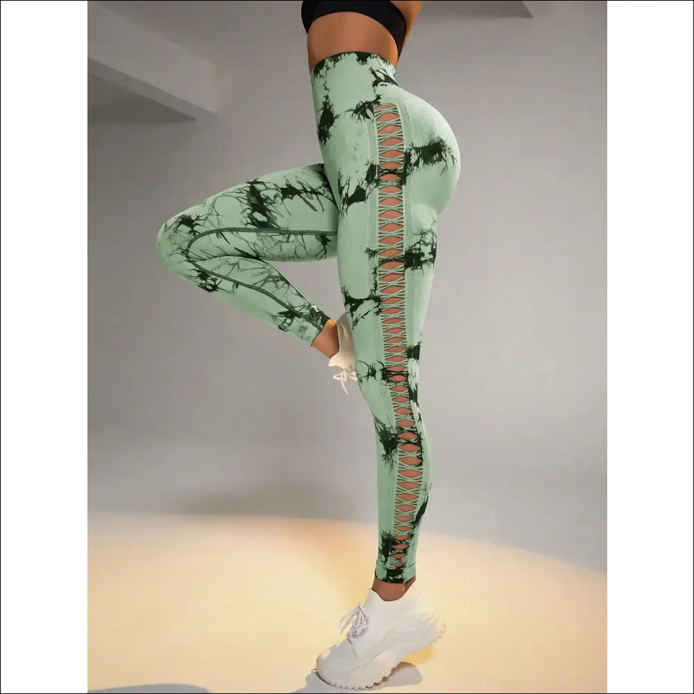 Tie Dye Seamless Leggings for Women High Waist Yoga Pants Scrunch Butt Lifting Elastic Tights Side mesh design - green
