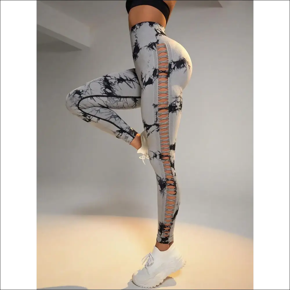 Tie Dye Seamless Leggings for Women High Waist Yoga Pants Scrunch Butt Lifting Elastic Tights Side mesh design - light
