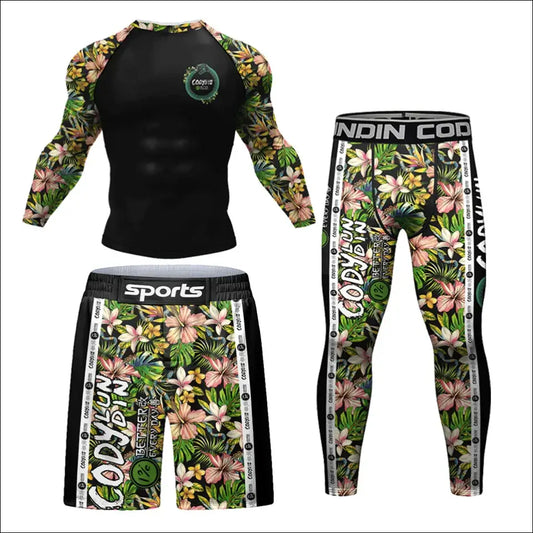 New Men Compression Full Printing Boxing T Shirt + Shorts MMA BJJ Shirt Anti Abrasion T shirts NO GI Rash Guards Muay