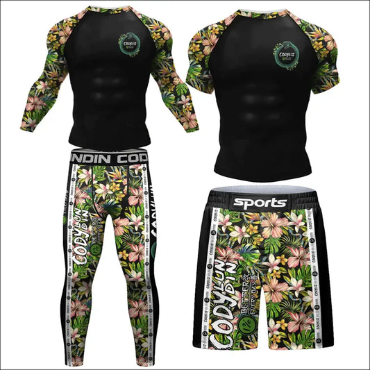 New Men Compression Full Printing Boxing T Shirt + Shorts MMA BJJ Shirt Anti Abrasion T shirts NO GI Rash Guards Muay