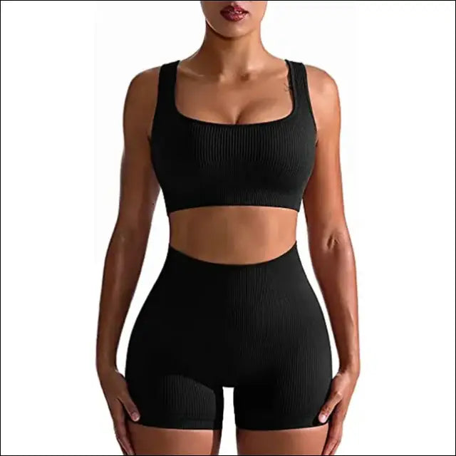 Ribbed Seamless Sports Suit – Vest and High-Waisted Shorts - black / S