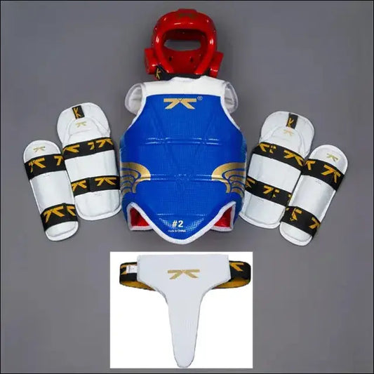 Taekwondo Protectors Suite - Helmet Chest Shin Arm Guards for Kids - 5-Piece - female 5pc set Blue / SIZE 1 110-130cm