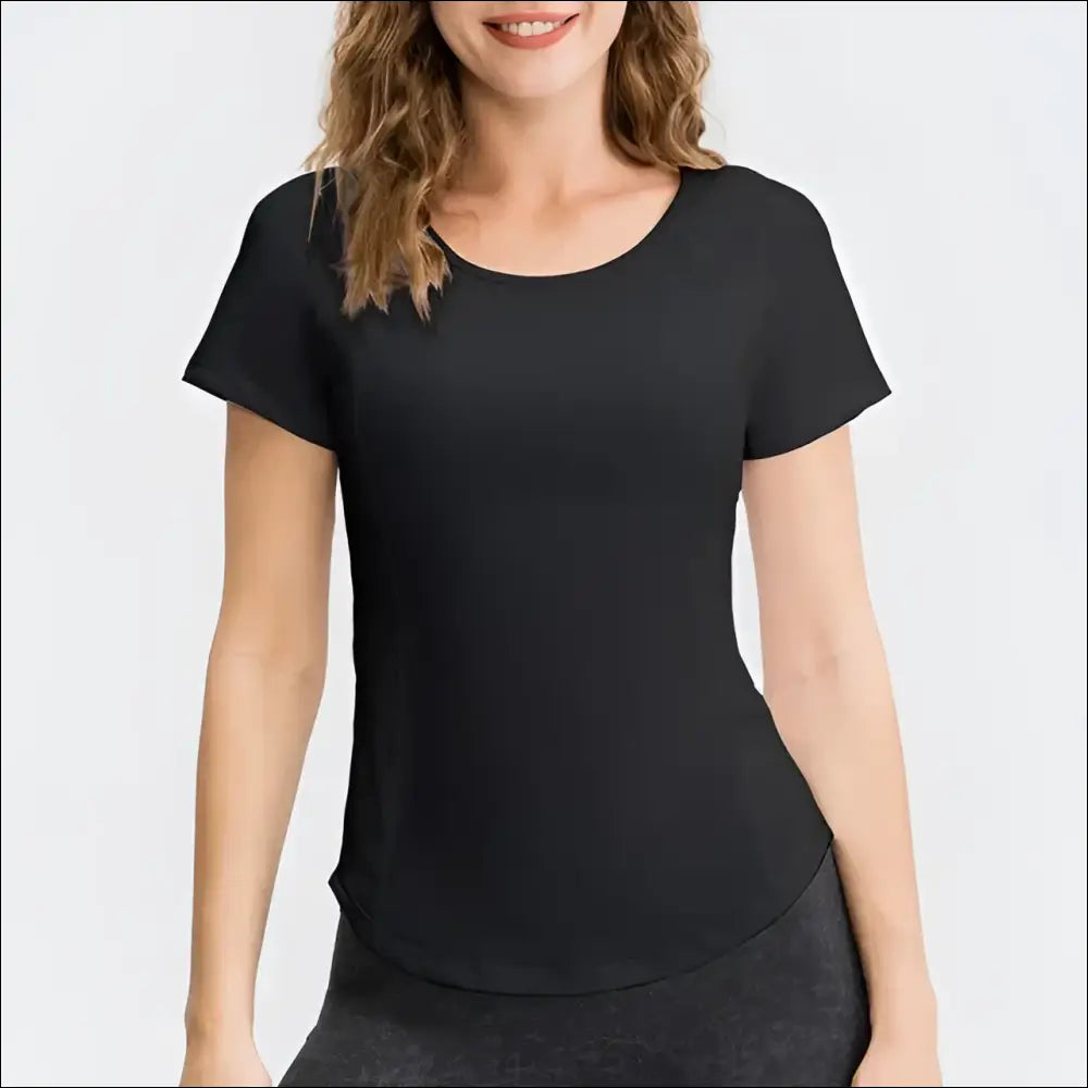 Women Yoga Tops Breathable Sport Fitness Workout Running Yoga Top Quick Dry Short Sleeve Gym T Shirt - black / S