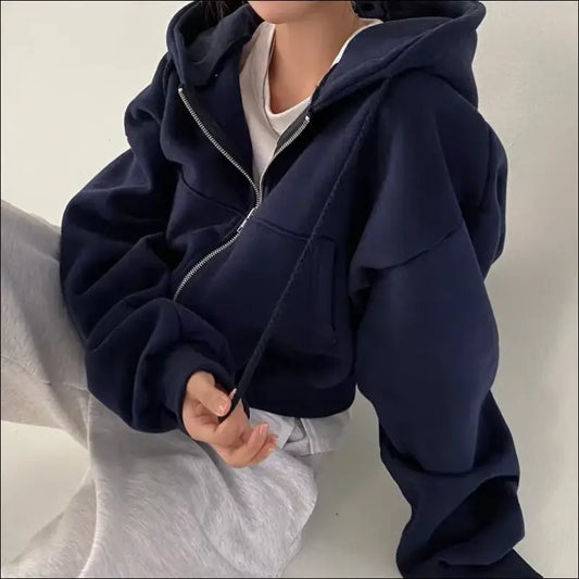 Women’s Fleece-Lined Cropped Zip-Up Sweatshirt – Warm & Stylish Design - NavyBlue / S