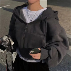 Women’s Fleece-Lined Cropped Zip-Up Sweatshirt – Warm & Stylish Design - Black / S