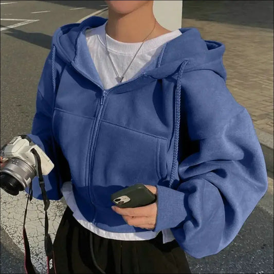 Women’s Fleece-Lined Cropped Zip-Up Sweatshirt – Warm & Stylish Design - Blue / S