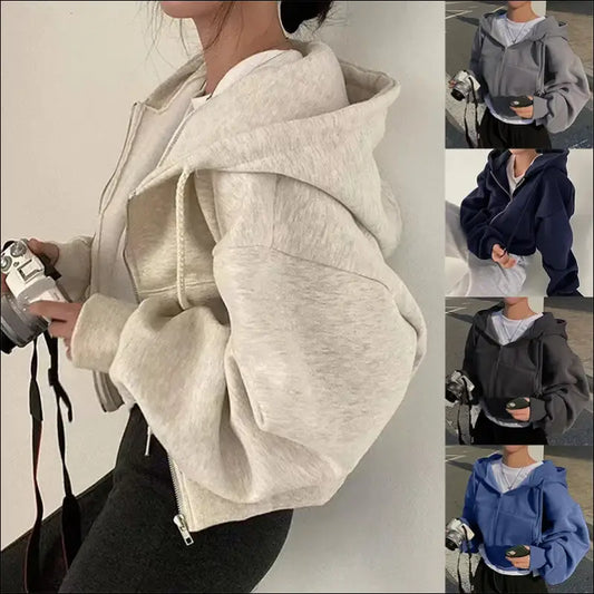 Women’s Fleece-Lined Cropped Zip-Up Sweatshirt – Warm & Stylish Design