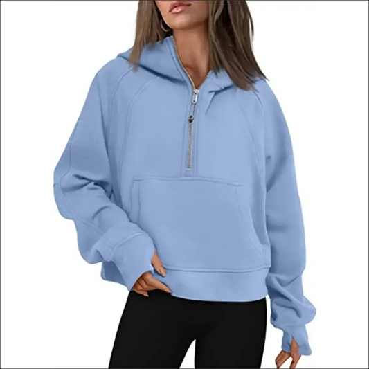 Women’s Scuba Half-Zip Hooded Sweatshirt – Warm & Stylish Design - Available in sky blue / S