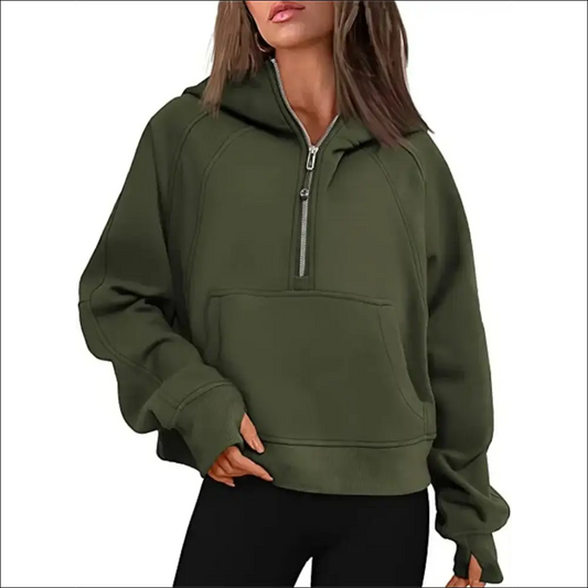 Women’s Scuba Half-Zip Hooded Sweatshirt – Warm & Stylish Design - Army Green available / S