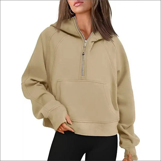 Women’s Scuba Half-Zip Hooded Sweatshirt – Warm & Stylish Design - Dark khaki cloth color available / S